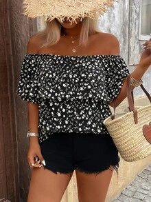 Breezaya Plus Size Women's Floral Ruffle Off-Shoulder Blouse For Vacation - Black - View 6