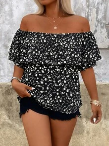 Breezaya Plus Size Women's Floral Ruffle Off-Shoulder Blouse For Vacation - Black - View 5
