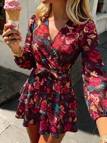 KARISMINA 女款黑色底紅花優雅花卉印花長袖迷你洋裝，層次荷葉邊燈籠袖洋裝，婚禮賓客約會之夜秋季穿搭 - 酒紅色 - 查看 13