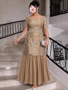 Reflora Plus Size Elegant Party Embroidered Mesh Patchwork Dress - Brown - View 5