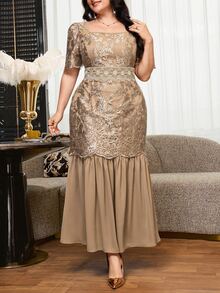 Reflora Plus Size Elegant Party Embroidered Mesh Patchwork Dress - Brown - View 7
