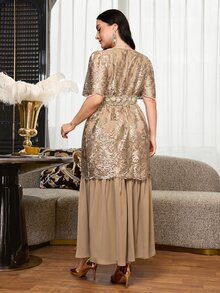 Reflora Plus Size Elegant Party Embroidered Mesh Patchwork Dress - Brown - View 10