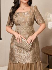 Reflora Plus Size Elegant Party Embroidered Mesh Patchwork Dress - Brown - View 1