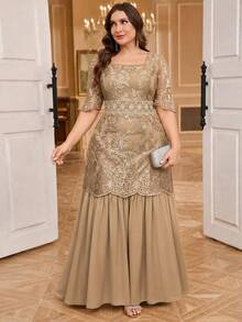 Reflora Plus Size Elegant Party Embroidered Mesh Patchwork Dress - Brown - View 2