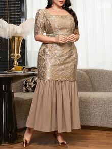 Reflora Plus Size Elegant Party Embroidered Mesh Patchwork Dress - Brown - View 4