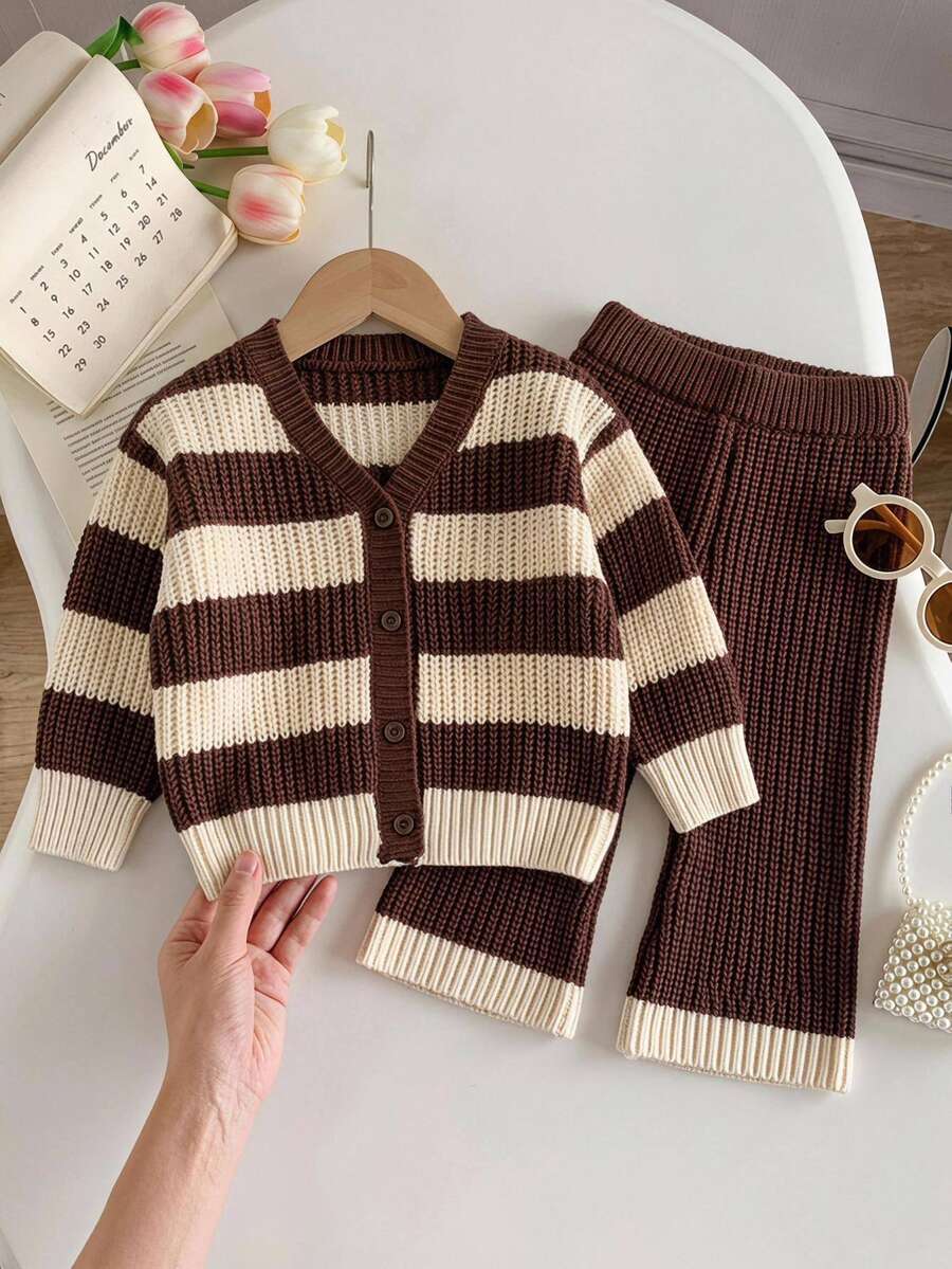 SHEIN Baby Girl Knit Striped V-Neck Sweater & Long Pants 2 Pieces Set - Multicolor - View 1