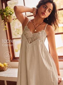Lullawish 波希米亞風純棉細肩帶女款睡裙 - 卡其色 - 查看 4