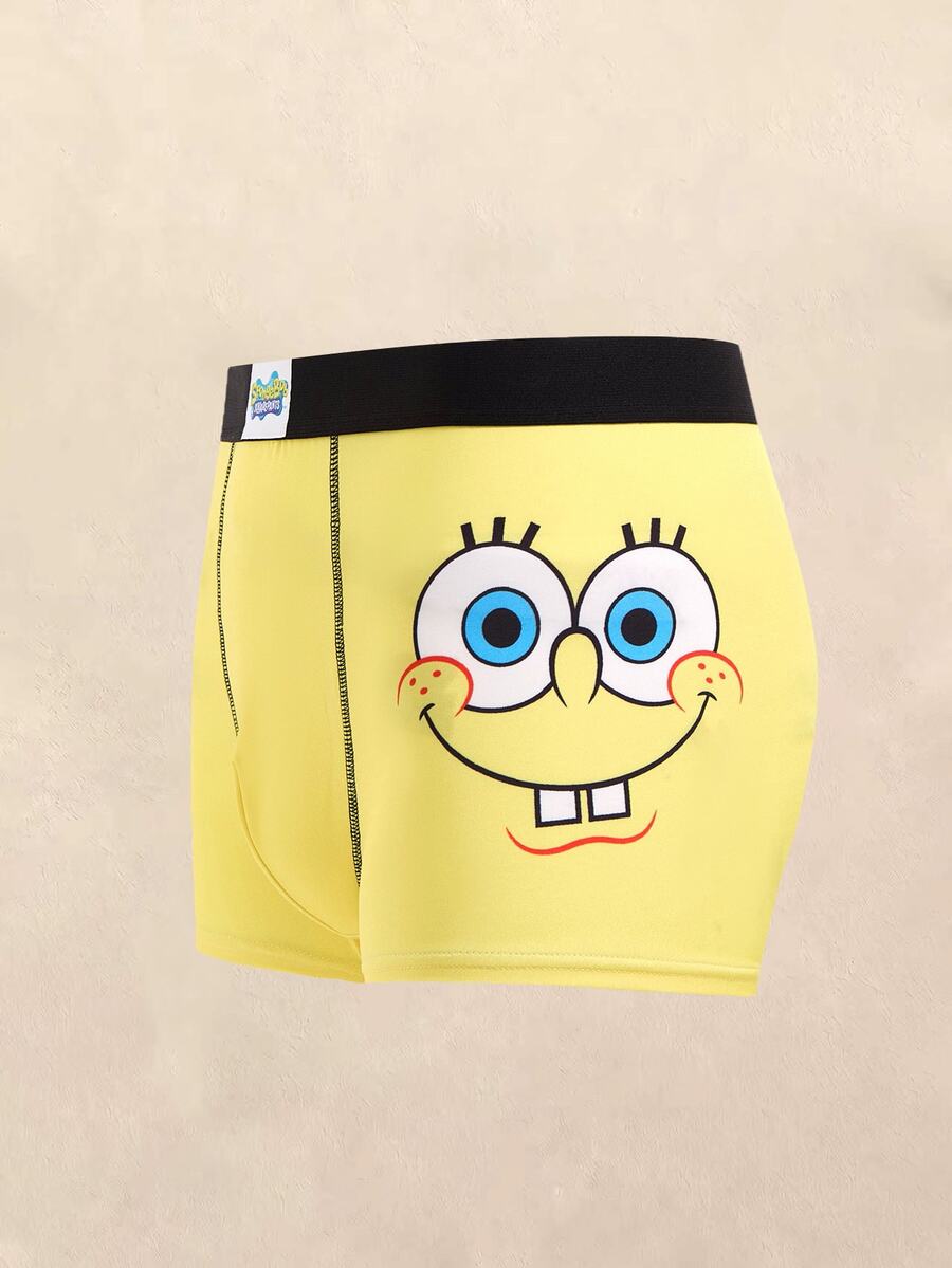 SpongeBob SquarePants | SHEIN 男士两件套舒适透气卡通图案平角内裤 - 彩色 - 查看 1