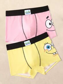 SpongeBob SquarePants | SHEIN 男士两件套舒适透气卡通图案平角内裤 - 彩色 - 查看 6