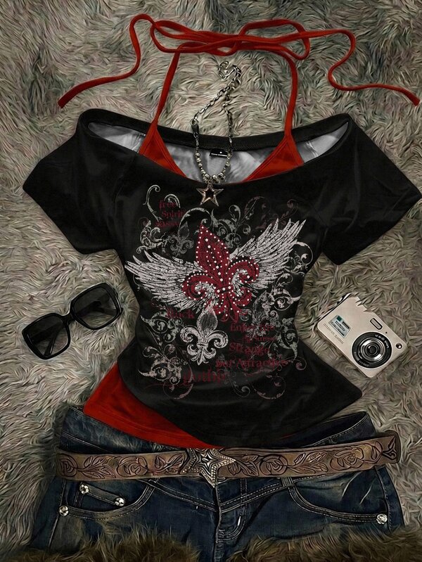 Attitoon Camiseta Casual Vintage Ajustada 2 em 1 Feminina, Colorblock, Estilo Y2K