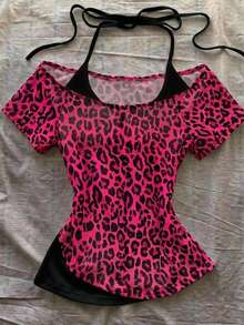 Attitoon 女款休閒復古修身 2 合 1 T恤，拼色設計，粉色豹紋印花，Y2K 風格 - 彩色 - 查看 1