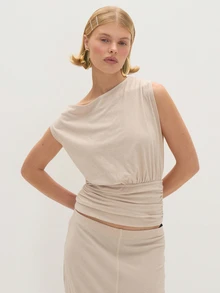 MUSEYN Beige Jersey Off Shoulder Cinched Open Back Detail Top Chic Versatile  Everyday Casual Fall - Beige - View 1