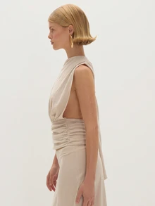 MUSEYN Beige Jersey Off Shoulder Cinched Open Back Detail Top Chic Versatile  Everyday Casual Fall - Beige - View 4