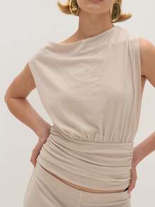 MUSEYN Beige Jersey Off Shoulder Cinched Open Back Detail Top Chic Versatile  Everyday Casual Fall - Beige - View 3