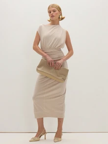 MUSEYN Beige Jersey Off Shoulder Cinched Open Back Detail Top Chic Versatile  Everyday Casual Fall - Beige - View 2
