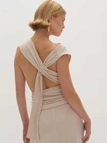 MUSEYN Beige Jersey Off Shoulder Cinched Open Back Detail Top Chic Versatile  Everyday Casual Fall - Beige - View 5