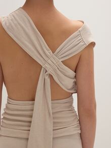 MUSEYN Beige Jersey Off Shoulder Cinched Open Back Detail Top Chic Versatile  Everyday Casual Fall - Beige - View 6