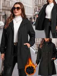 EMERY ROSE Cappotto lungo nero taglie forti con cappuccio, maniche lunghe, fodera termica, tasche e vita stretta
