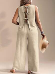 EMERY ROSE Pure Plus Size Casual Solid Color Backless Camisole And Wide Leg Pants 2pcs Set - Apricot - View 3
