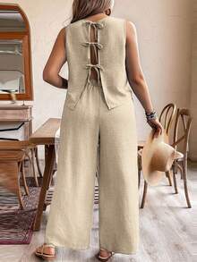 EMERY ROSE Pure Plus Size Casual Solid Color Backless Camisole And Wide Leg Pants 2pcs Set - Apricot - View 8