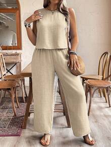 EMERY ROSE Pure Plus Size Casual Solid Color Backless Camisole And Wide Leg Pants 2pcs Set - Apricot - View 7