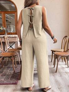 EMERY ROSE Pure Plus Size Casual Solid Color Backless Camisole And Wide Leg Pants 2pcs Set - Apricot - View 2