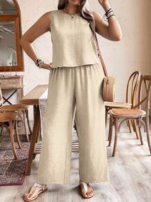 EMERY ROSE Pure Plus Size Casual Solid Color Backless Camisole And Wide Leg Pants 2pcs Set - Apricot - View 4