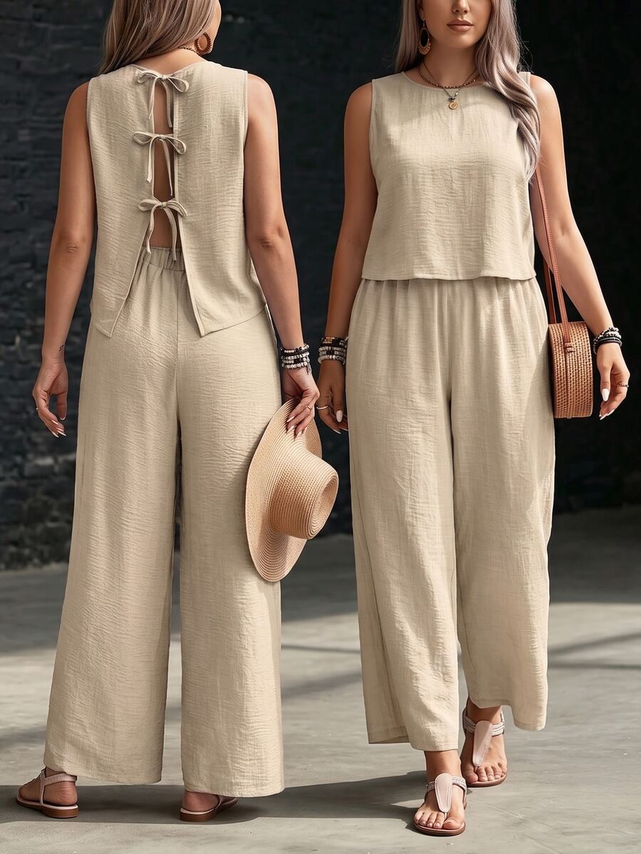 EMERY ROSE Pure Plus Size Casual Solid Color Backless Camisole And Wide Leg Pants 2pcs Set - Apricot - View 1