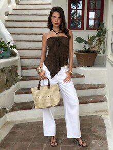 Aloruh Romantic Date Spring/Summer New Style Spaghetti Strap Flared Textured Chiffon Apricot Women's Tank Top - Pink - View 5