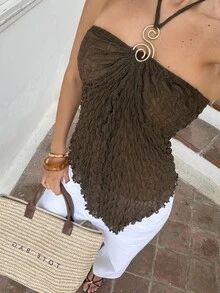 Aloruh Romantic Date Spring/Summer New Style Spaghetti Strap Flared Textured Chiffon Apricot Women's Tank Top - Pink - View 6