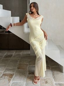 Aloruh Women's Pale Yellow Elegant Summer Garden Party Maxi Dress,Asymmetric Neck Ruffle Hem Stretchy Mesh,Suitable For Vacation,Wedding, Date - Yellow - View 3