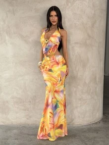 Aloruh 女士度假风深V领海星图案纯色米色纹理露背吊带高开衩连衣裙 - 彩色 - 查看 4