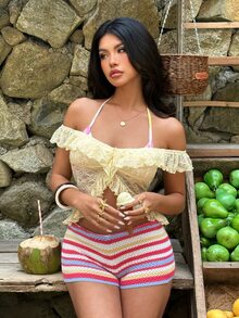 Aloruh Women's New Solid Yellow Lace Off Shoulder Ruffle Blouse, Suitable For Vacation, Beach, Sexy - Yellow - View 5
