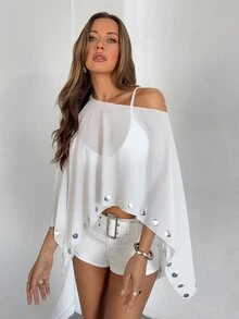 Aloruh Women's Spring/Summer New Chiffon Studded Asymmetric Wrap Shirt - White - View 4