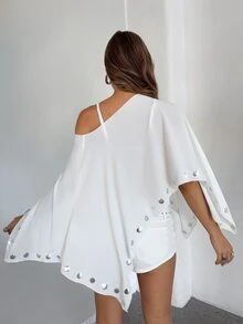 Aloruh Women's Spring/Summer New Chiffon Studded Asymmetric Wrap Shirt - White - View 2