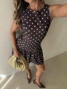 Aloruh 女款棕色圓點 A 字版型迷你洋裝，春夏季新品上市 - 彩色 - 查看 4