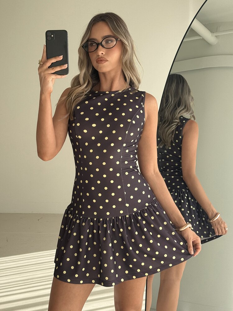 Aloruh Women's Brown And White Polka Dot A-Line Mini Dress, Spring/Summer New Arrival Tea Party Vacation 1960s Vintage Cottage, Graduation, Birthday Dress - Multicolor - View 3