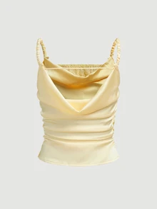 Aloruh Tank Top Wanita Satin Renda Patchwork Bahu Terbuka Motif Kupu-kupu Warna Kuning, Cocok untuk Festival Musik dan Liburan, Musim Semi/Panas, Atasan Musim Panas - Kuning - View 2