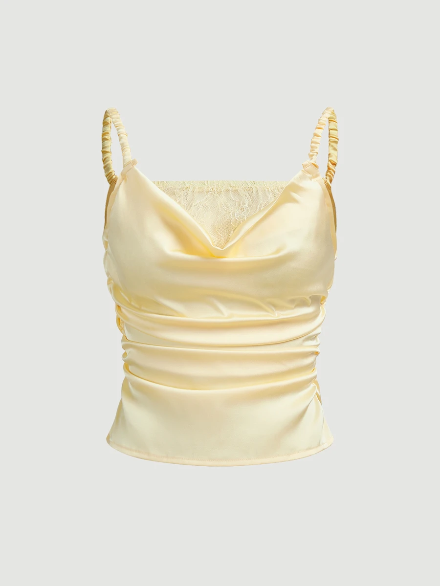 Aloruh Tank Top Wanita Satin Renda Patchwork Bahu Terbuka Motif Kupu-kupu Warna Kuning, Cocok untuk Festival Musik dan Liburan, Musim Semi/Panas, Atasan Musim Panas - Kuning - View 1