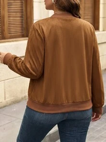 LanaWest CURVE جاكيت نسائي مقاس كبير بلون موحد بسحاب كاجوال متعدد الاستخدامات للسفر اليومي بأكمام طويلة للشتاء - بني - مشاهدة 2