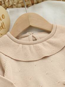 SHEIN Conjunto de suéter para niña bebé, beige y blanco con cuello Peter Pan de contraste y lazo, conjunto de 2 piezas de punto, suéter de manga larga con punto de cable, otoño invierno - Albaricoque - Ver 3