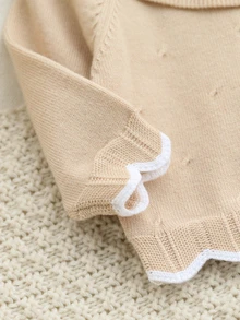 SHEIN Conjunto de suéter para niña bebé, beige y blanco con cuello Peter Pan de contraste y lazo, conjunto de 2 piezas de punto, suéter de manga larga con punto de cable, otoño invierno - Albaricoque - Ver 5