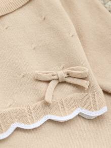SHEIN Conjunto de suéter para niña bebé, beige y blanco con cuello Peter Pan de contraste y lazo, conjunto de 2 piezas de punto, suéter de manga larga con punto de cable, otoño invierno - Albaricoque - Ver 4