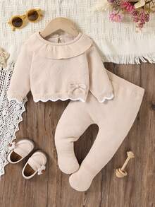 SHEIN Conjunto de suéter para niña bebé, beige y blanco con cuello Peter Pan de contraste y lazo, conjunto de 2 piezas de punto, suéter de manga larga con punto de cable, otoño invierno - Albaricoque - Ver 7