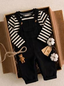 SHEIN Baby Boy Flap Pocket Overalls Holiday Vacation Black Autumn Alt Western - Black - View 3