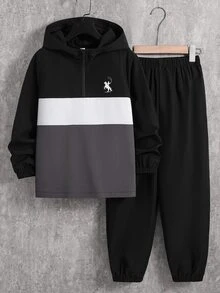 SHEIN 2pcs Kids Tween Boy Casual Sports Letter Pattern Colorblock Hooded Zip-Up Jacket & Pants Set, Suitable For Commuting, School, Daily Casual, Vacation, Travel, Sports, Autumn/Winter - Black - View 2