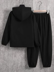 SHEIN 2pcs Kids Tween Boy Casual Sports Letter Pattern Colorblock Hooded Zip-Up Jacket & Pants Set, Suitable For Commuting, School, Daily Casual, Vacation, Travel, Sports, Autumn/Winter - Black - View 3