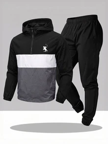 SHEIN 2pcs Kids Tween Boy Casual Sports Letter Pattern Colorblock Hooded Zip-Up Jacket & Pants Set, Suitable For Commuting, School, Daily Casual, Vacation, Travel, Sports, Autumn/Winter - Black - View 4