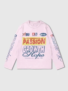 ROMWE MEN Street Life Men's Letter Graphic Casual Daily Long Sleeve T-Shirt - Pink - View 6