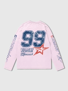 ROMWE MEN Street Life Men's Letter Graphic Casual Daily Long Sleeve T-Shirt - Pink - View 2